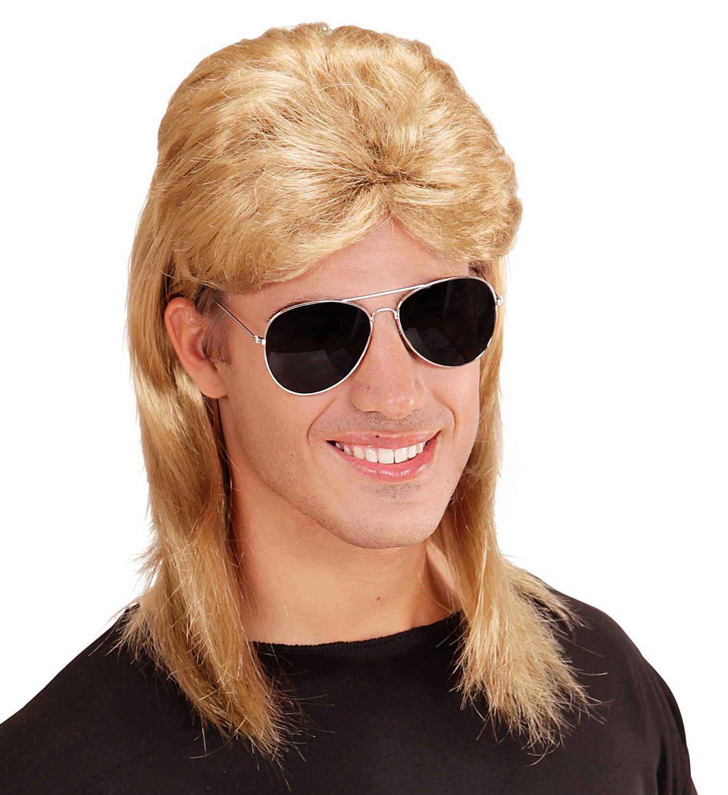 Vokuhila Männer Perücke mit Brille 80er Jahre Mullet in schwarz oder blond