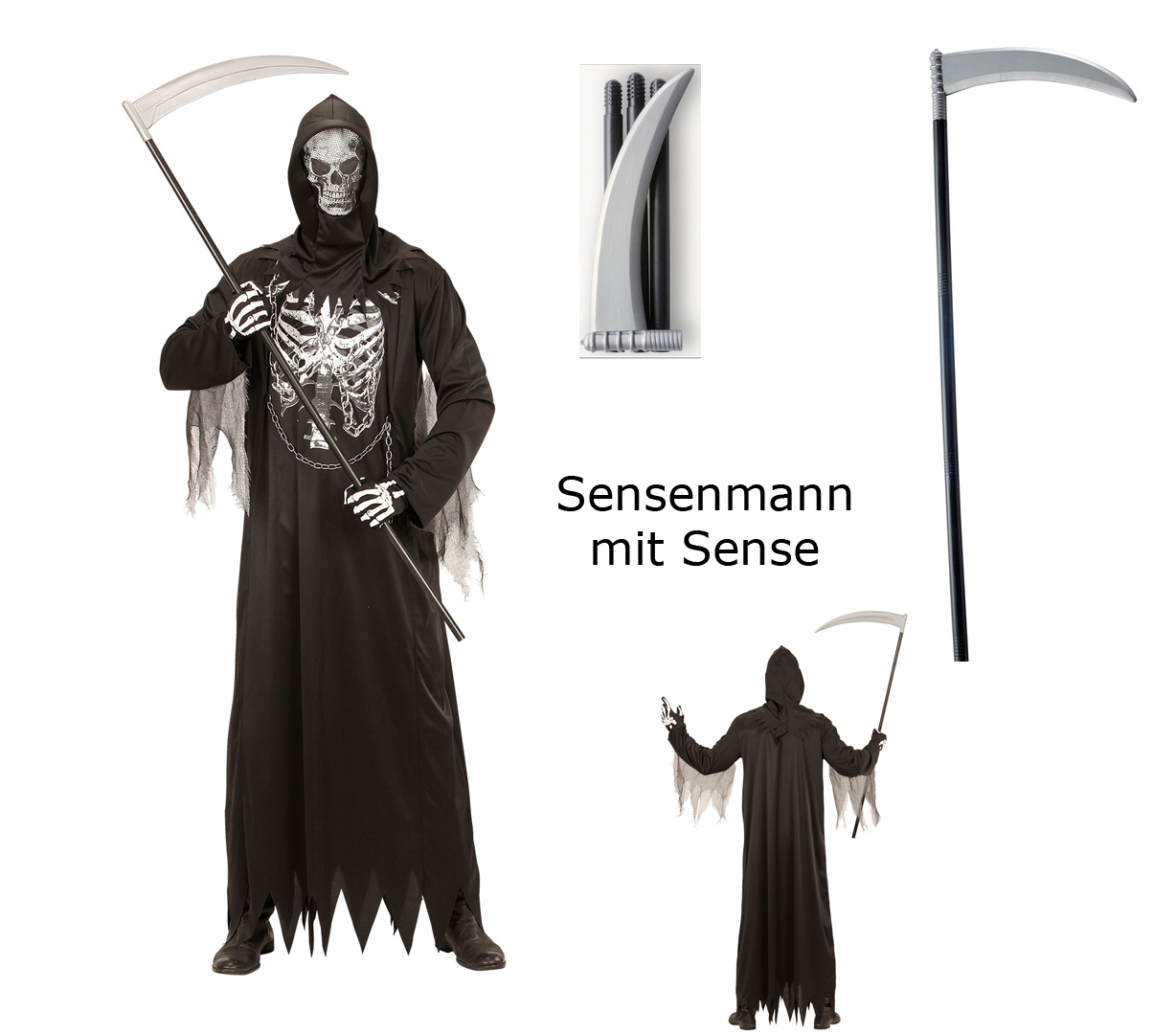 Herren Kostüm Sensenmann mit Kette Maske mit Sense Halloween Kostümset Dark 