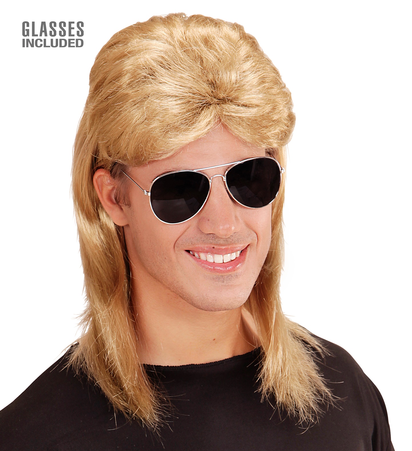 Vokuhila Männer Perücke mit Brille 80er Jahre Mullet in schwarz oder blond